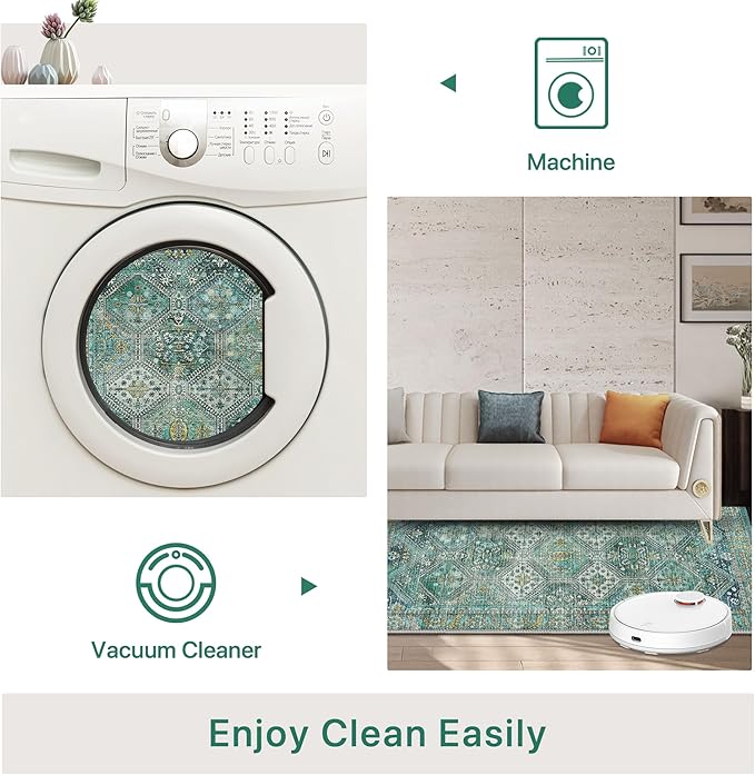 Bavni 6x9 Area Rugs for Living Room, Machine Washable Rug Non Slip, Vintage Chenille Distressed Print Carpet, Large Low Pile Ultra-Thin Lightweight Rugs for Bedroom, Dining Room, Home, Office, Cyan