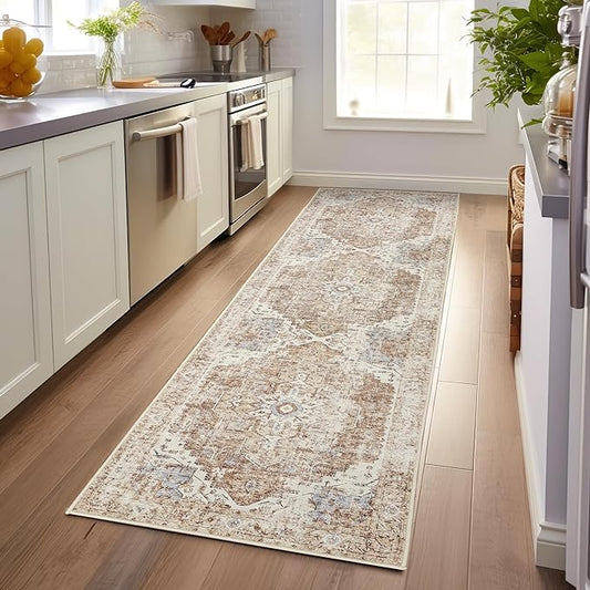 jinchan Runner Rug 3x10 Vintage Hallway Rug Kitchen Washable Runner Retro Floor Cover Lightweight Non-Slip Low Pile Thin Distressed Carpet for Entryway Bathroom Laundry Room Bedroom Stairway Brick Red