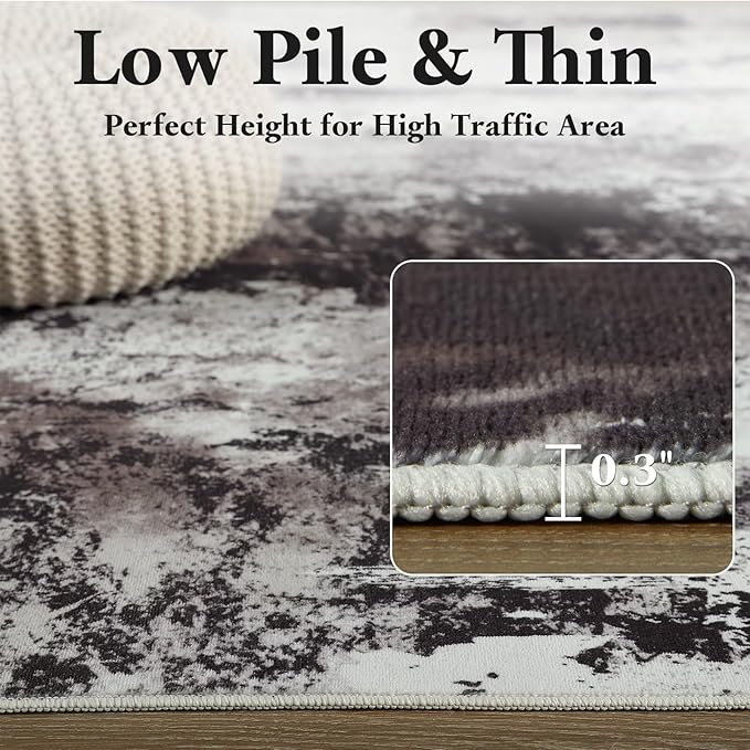 Washable Abstract Rug, 6x9 Modern Area Rugs with Non-Slip Rubber Backed for Living Room, Thin but Soft Contemporary Carpet Kitchen Bedroom Dining Room Decor, Black Brown
