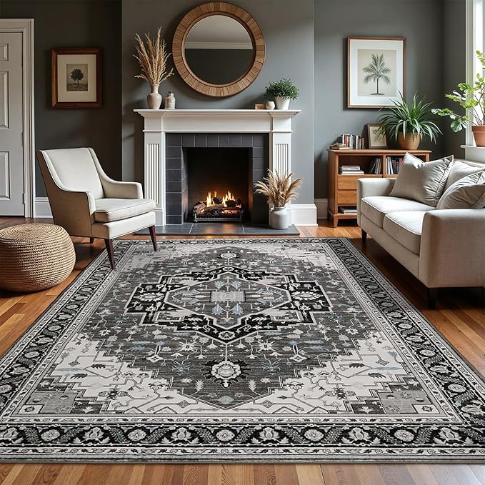 5x7 Black Grey Area Rug for Living Room, Machine Washable Rugs with Non-Slip Backing for Bedroom, Vintage Medallion Carpet Dining Room Office Kids Room Decor