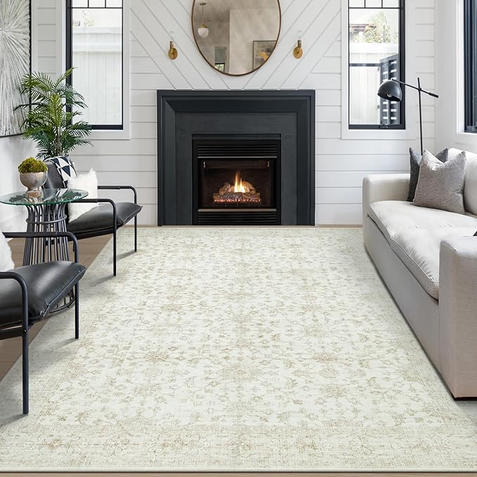Washable Rugs 8x10 Area Rugs, Soft Vintage Living Room Rug with Anti-Skid Backing Stain Resistant Thin Indoor Carpet Large Area Rug for Bedroom Under Dining Room Table Nursery Entryway-Light Beige