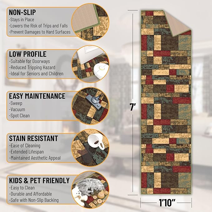 Ottomanson Hallway Runner Rug 1'10" x 7' Non Slip Boxes Area Rugs Easy to Clean Laundry Rug Runner Durable & Pet Friendly Floor Carpet Runners for Hallways Entryway Living Room Kitchen, Multicolor