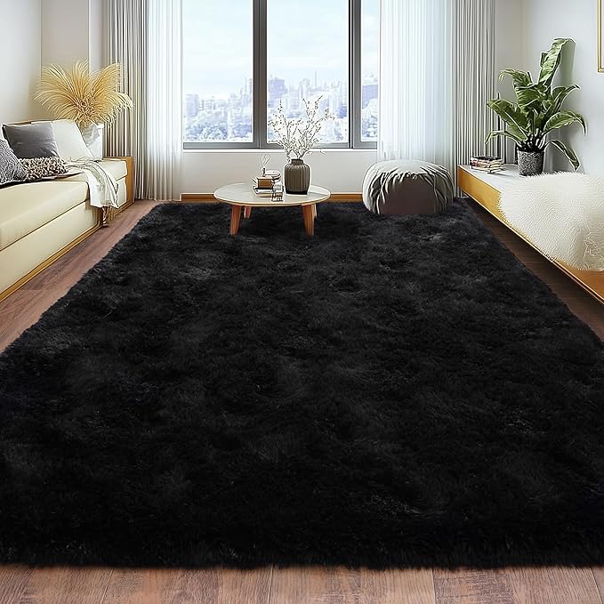 6x9 Fluffy Fuzzy Area Rug for Living Room Bedroom, Ultra Soft Large Living Room Rugs, Non Slip Thick Shag Rug for Dorm, Kids Girls Boys Rug for Home Decor Aesthetic, Black