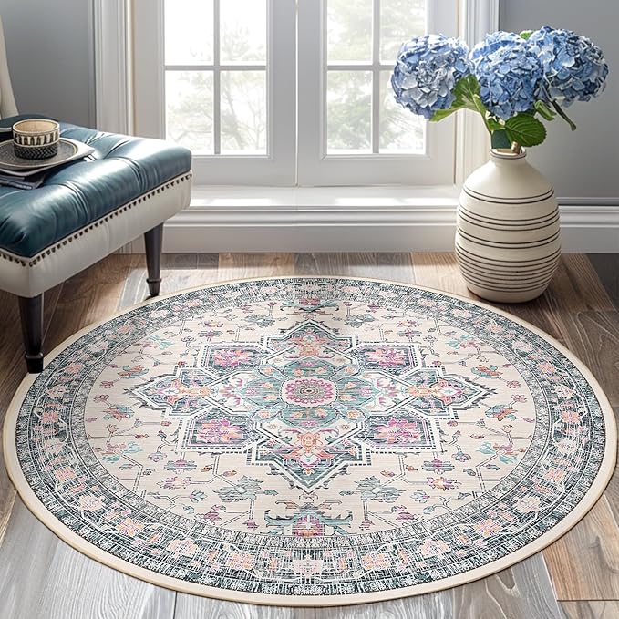 BESTSWEETIE 6ft Area Rugs for Living Room, Washable Ultra Soft Boho Vintage Print Pattern Rug Non Slip Low Pile Carpet for Dining Room Bedroom Entryway Indoor-Multi/Blue/Beige/Pink