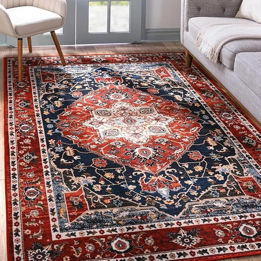 YJ.GWL Large Area Rug for Living Room, 5x7 Machine Washable Boho Rug for Bedroom, Low Pile Lightweight Thin Rugs Floral Vintage Distress Print Pattern Carpet for Dining Room, Red