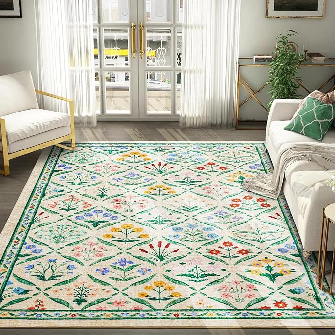 Vintage Floral Entryway Rug Washable, Thin Pile Oriental Distressed 5x7 Indoor Carpet Stain Resistant, Country Boho Flowers Cute Green Area Rug for Bedroom Dining Living Room Kitchen Nursery Dorm