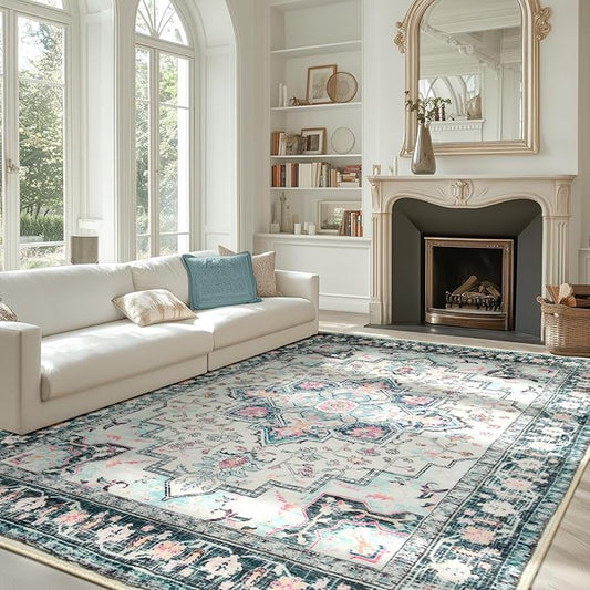 BESTSWEETIE 8x10 Area Rugs for Living Room, Washable Ultra Soft Boho Vintage Print Pattern Rug Non Slip Low Pile Carpet for Dining Room Bedroom Entryway Indoor-Multi/Blue/Beige/Pink