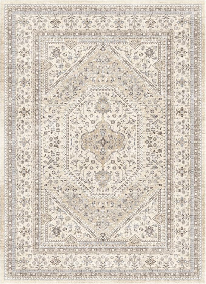 10x14 Washable Vintage Rug: Oriental Rugs for Living Room Non Slip Backing Stain Resistant Large Indoor Carpet for Bedroom Area Rug Dining Room Decor(Beige,10x14FT)