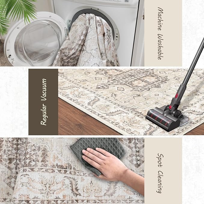 Area Rug 8x10 for Living Room, Vintage Design Home Decor, Floor Decoration Carpet Mat, Area Rugs for Living Room,Beige Washable Rug (Beige Cream, 8x10)