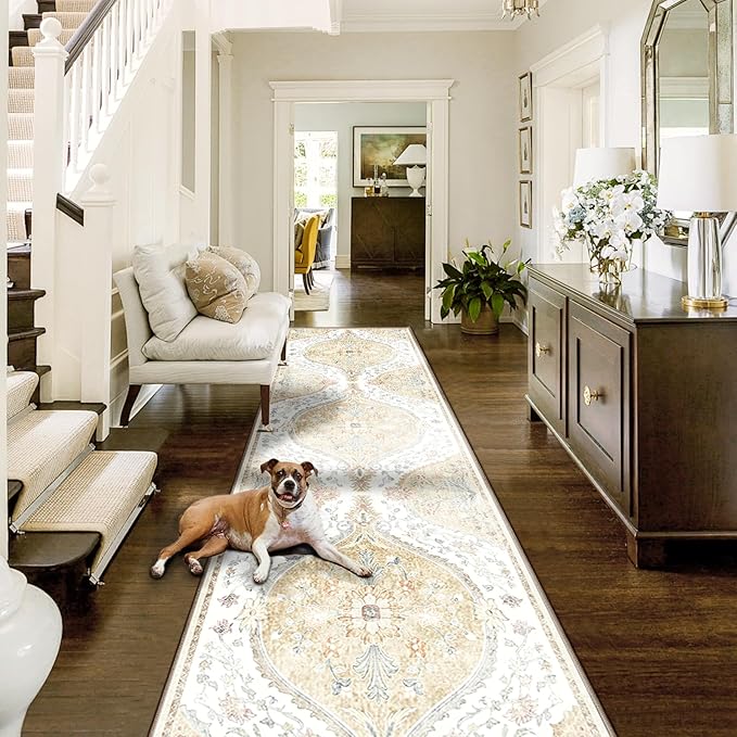2x8 Rug, Washable Vintage Boho Carpet, Non Slip Low Pile Water Repellent Soft Print Pattern Indoor Rug for Living Room & Bedroom, Cream Yellow