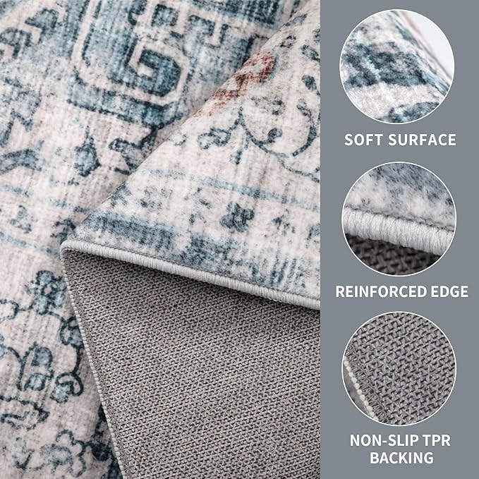 Hallway Runner Rug 2x10 Washable Area Rugs, Vintage Floral Rug Soft Non Slip Stain Resistant Boho Floor Carpet Runners for Hallways Entryway Laundry Room Kitchen, and Bedroom White Blue