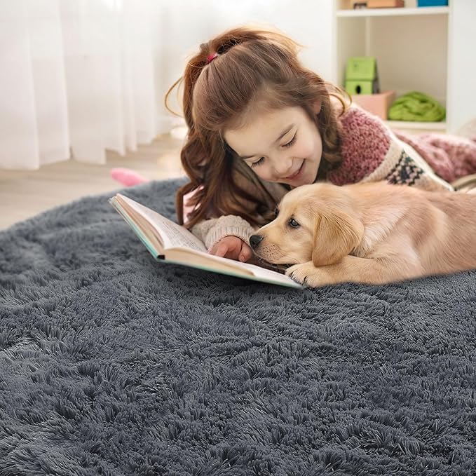 OLANLY Grey Round Rugs for Bedroom - Machine Washable, 6x6 Feet Circle Area Rugs for Living Room, Soft and Fluffy Shaggy Carpet for Teen Girls and Boys, Dorms, Nursery Rooms, Home Decor Aesthetic