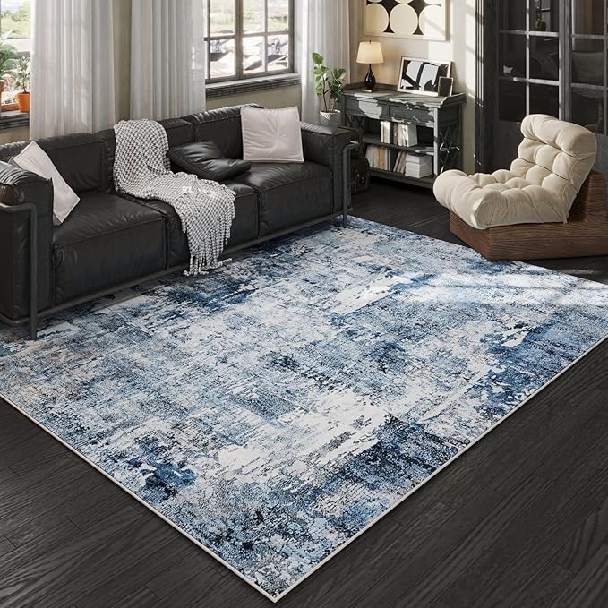 4x6 Rug Washable Boho Soft Area Rug Abstract Pattern Non-Slip Faux Wool Vintage Rug for Living Room, Bedroom Rug, Farmhouse, Dining Room, Indoor, Kids Playroom, Blue