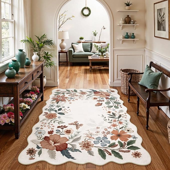 Beeiva 5x7 Floral Rug for Living Room, Washable Area Rug for Bedroom, Ultra Thin Low Pile Large Carpet for Dining Room, Playroom or Nursery - Beige