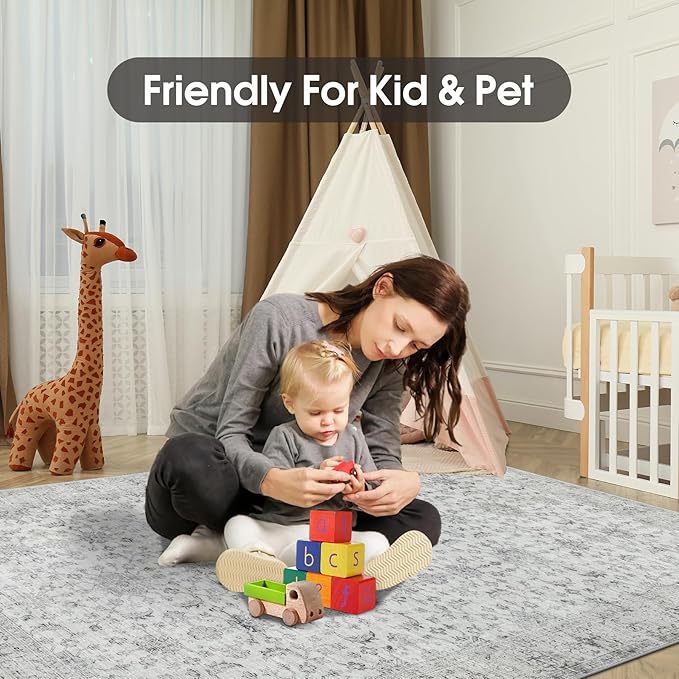Washable Rugs 8x10 Area Rugs, Soft Vintage Living Room Rug with Anti-Skid Backing Stain Resistant Thin Indoor Carpet Large Area Rug for Bedroom Under Dining Room Table Nursery Entryway-Light Gray