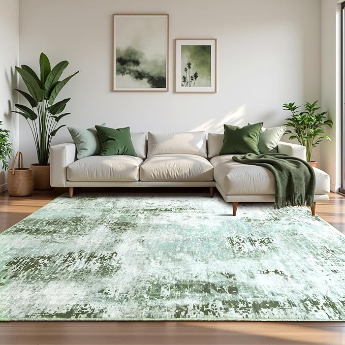 Washable Abstract Rug, 8x10 Modern Area Rugs with Non-Slip Rubber Backed for Living Room, Thin but Soft Contemporary Carpet Kitchen Bedroom Dining Room Decor, Green