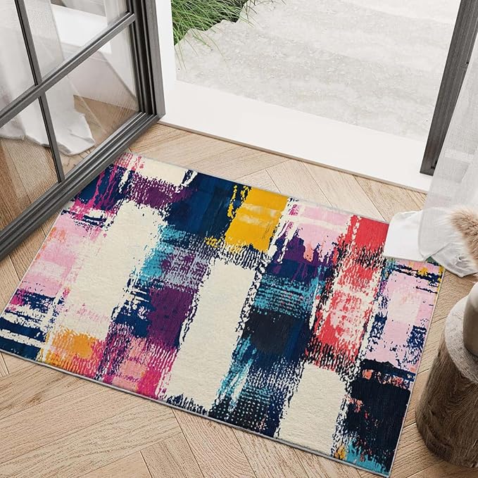 2x3 Entryway Rug Abstract Colorful Area Rug Ultra-Thin Soft Small Carpet Bathroom Non Slip Indoor Entrance Low Pile Door Mat Kitchen Stain Resistant Washable Machine