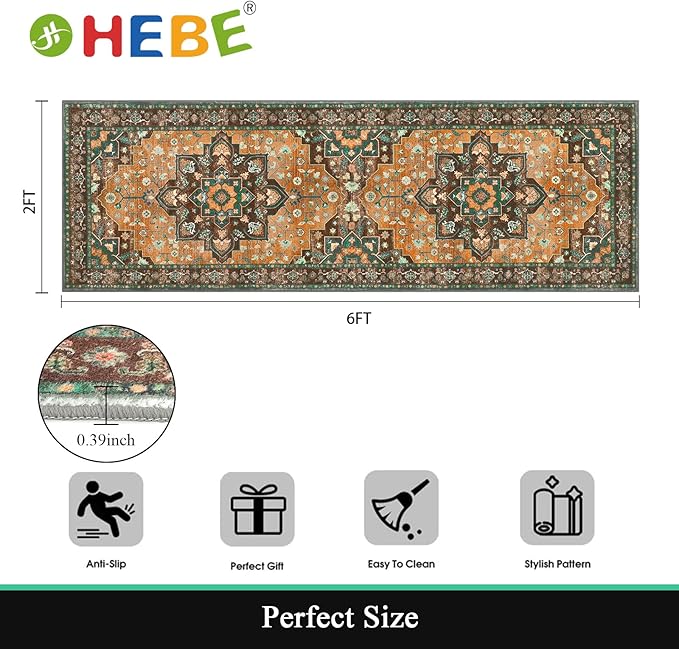 HEBE Hallway Runner Rug 2'x6' Washable Vintage Distressed Area Rugs Non Slip Laundry Rug Runner Boho Floor Carpet Runners for Hallways Entryway Laundry Room Kitchen Bathroom