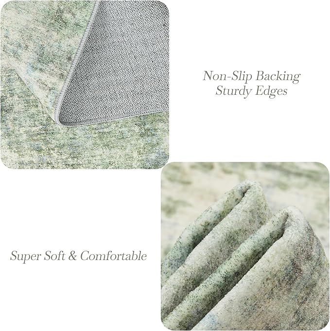 2x3 Abstract Washable Rugs for Kitchen, Floor, Entryway, Powder Room Small Area Rug Non-Slip Vintage Low Pile Throw Door Mat Green Ivory