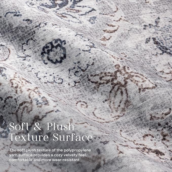 Phantoscope Vintage Collection Area Rug 6'x9' - Washable Rug Boho Rugs Non-Slip for Living Room, Bedroom, Dining Room, Dorm, Indoor Low-Pile Carpet Distressed Accent Rug, Light Grey/Neutral