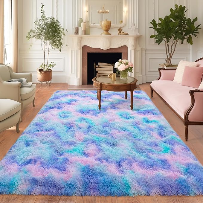 6x9 for Living Room Rugs, Plush Thick Carpets for Boy and Girls Room, Modern Soft Shag Area Rug for Bedroom, Non Slip, Large Indoor Carpet for Nursery Dorms Home Decor Aesthetic, Purple Rainbow
