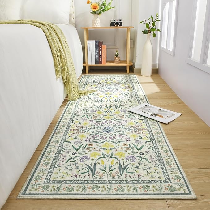 Amearea Green Runner Rugs for Hallway, 2x6 Feet Area Rugs for Bedroom Girls, Washable Floral Collection Bedside Rugs Low Pile Print Carpet, Kids Room Entrance Kitchen Living Room Decor