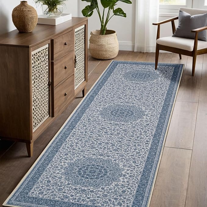 Ieve Telephant Floral Runner Rug - Machine Washable, Spill-Proof, Non-Slip, Cozy Soft Faux Wool, Perfect for Hallways, Kitchens, Entryways - 2.6x8