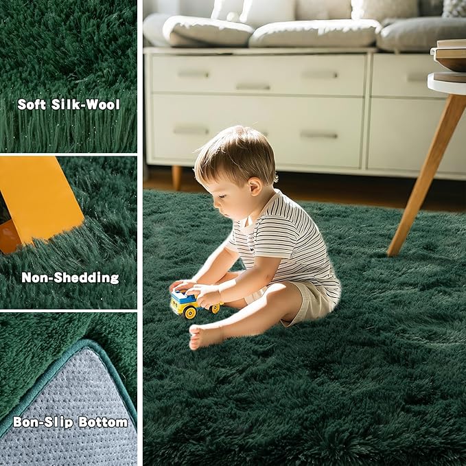 Green Fluffy Rug for Bedroom 8x10 ft Large - Ultra Soft & Non Slip Shaggy Area Rug, Comfy Durable Carpet for Living Room Kids Room Teens Dorm Home Decor, 1.7'' Thick Indoor Plush Carpets