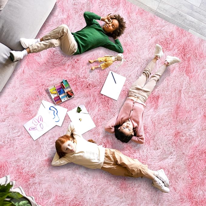Large Area Rugs 9x12 Living Room, Plush Thick Carpets for Boy and Girls Room, Modern Soft Shag Rug for Bedroom, Non Slip, Indoor Carpet for Nursery Dorms Home Decor Aesthetic, Pink