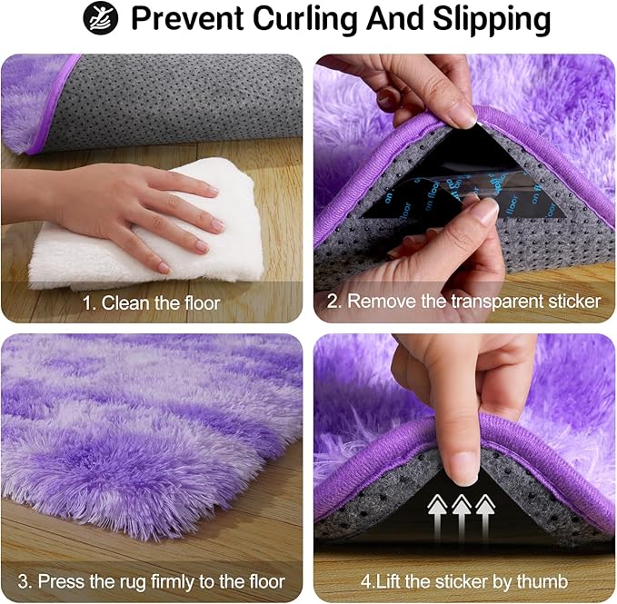2x3 Rug for Bedroom, Fluffy Area Rugs for Living Room, Small Soft Shag Fuzzy Shaggy Carpets for Kids Boys and Girls Dorm with 4 Non-Slip Rug Tapes for Room Home Decor (2ftx3ft, Tie-Dyed Purple)