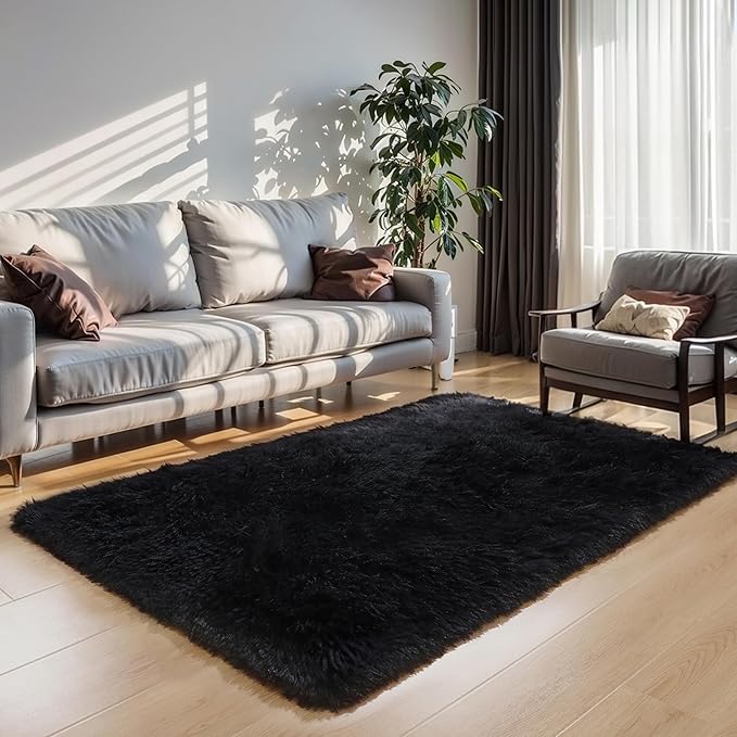 4x6 Black Fluffy Shag Rug for Bedroom, Ultra Soft Plush Fuzzy Washable Cozy Carpet for Living Room, Modern Non Slip Floor Comfy Furry Shaggy Area Rug for Kids Baby Boys Girls Nursery Dorm