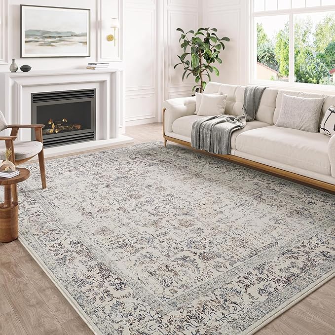 Taupe Area Rug 5x7 Machine Washable Vintage Living Room Distressed Non Slip Carpet Traditional Indoor Bedroom Retro Floral Accent Throw Large Rug for Office Kitchen Bathroom Dining Room