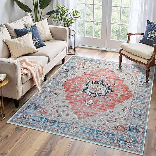 Vintage 3x5 Rug, Entryway Rug with Non Slip Backing, Soft Washable Area Rug for Indoor Entry, Low Pile Stain Resistant Non-Shedding Carpet for Bedroom, Living Room, Entryway, Red Blue