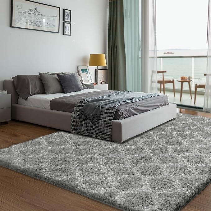 6x9 Area Rugs for Living Room, Fluffy Shag Bedroom Rug, Non-Slip Indoor Carpet for Nursery, Kids Room, Playroom, Home Decor, Geometric, Light Grey/White