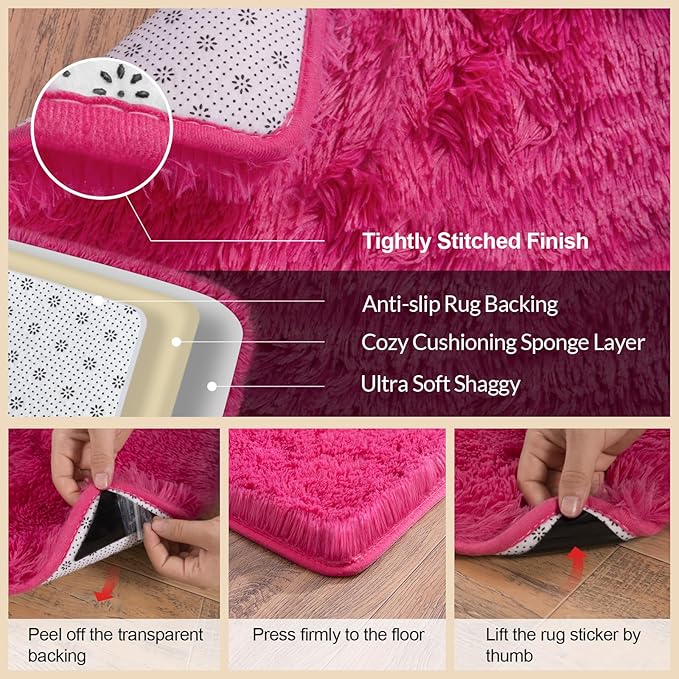 2x3 Rugs for Bedroom, Fluffy Area Rugs for Living Room, Soft Shag Kids Rug Small Carpet with 4 Non-Slip Rug Pads (Hot Pink,2ft x 3ft)