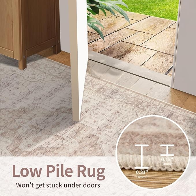 4x6 Washable Area Rug for Living Room & Bedroom, Soft Pink Rugs for Girls Women, Non Slip, Durable Low Pile Carpet, Vintage Carpets for Office, Dining Room, Kids Room and Farmhouse