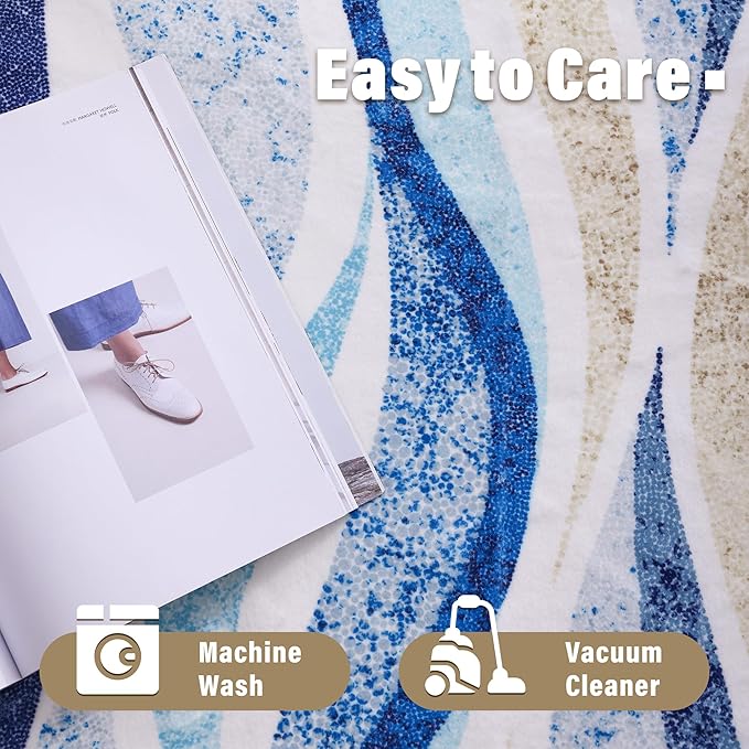 Carvapet Rugs for Hallway Laundry Bedroom, Modern Floral Low Pile Long Carpet with Rubber Backing, Foldable, Non Slip Machine Washable (8 x 2 Feet Rectangular, Blue Runner Rug)