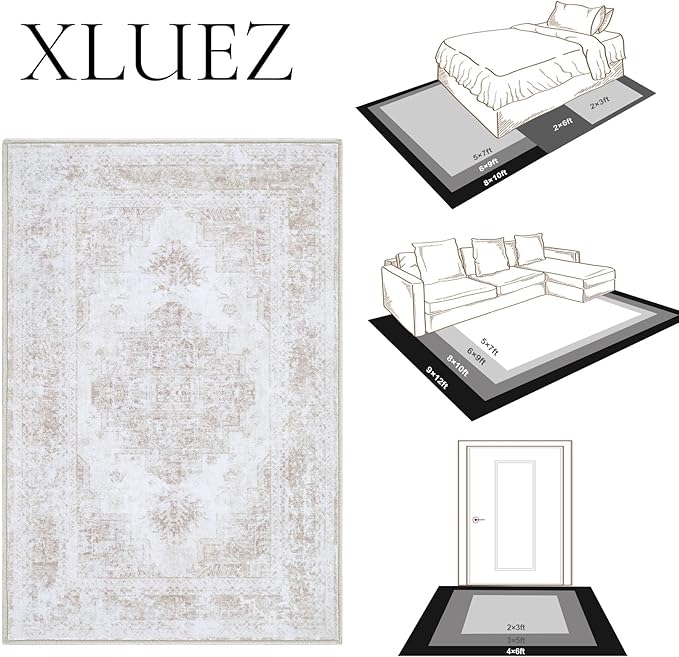 Bedroom Rug 3x5 Vintage Rug, Machine Washable Kitchen Rug Retro Medallion Distressed Rug Non-Slip Soft Low Pile Throw Rugs for Entryway Bedroom Bathroom Hallway Kitchen(Beige,3'x5')