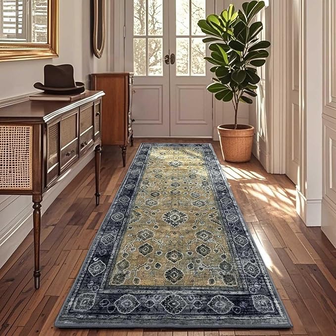 2x6 Runner Rug,Washable Kitchen Rugs with Non-Slip Backing,Low Pile Vintage Area Rug for Kitchen Floor, Hallway,Bathroom,Bedroom,Black&Yellow