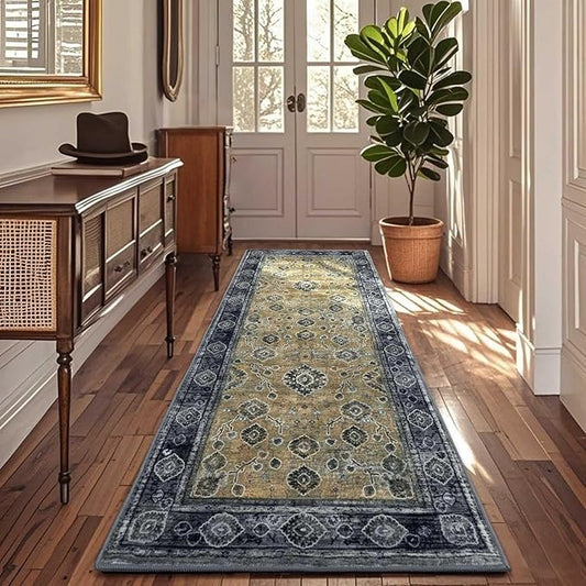2x6 Runner Rug,Washable Kitchen Rugs with Non-Slip Backing,Low Pile Vintage Area Rug for Kitchen Floor, Hallway,Bathroom,Bedroom,Black&Yellow