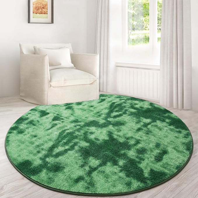 Lascpt Round Rug for Bedroom 7x7, Tie-Dyed Green Circle Rug for Living Room Super Soft Thicken Memory Foam Circular Rug, Indoor Area Rug for Modern Home Decor, Round Carpet for Nursery Kid's Room