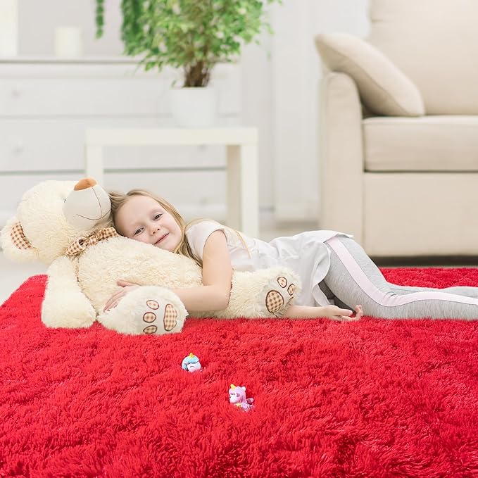 3x5 Area Rug for Bedroom, Red Rugs for Living Room Nursery Kids Room Dorm Home Decor Aesthetic, Fluffy Shaggy Rug with 4 Anti-Slip Carpet Tapes