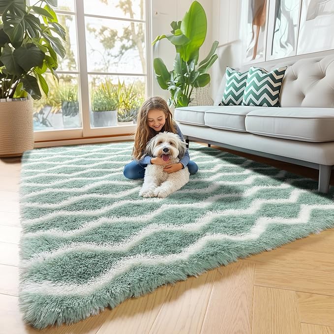 RUGTUDER Soft Shaggy Rugs for Bedroom, Washable 4x6 Fluffy Chevron Rug for Living Room, Non-Slip Plush Floor Striped Rug for Girls Kids Room Teens Dorm Nursery Classroom Playrom, Sage Green and White
