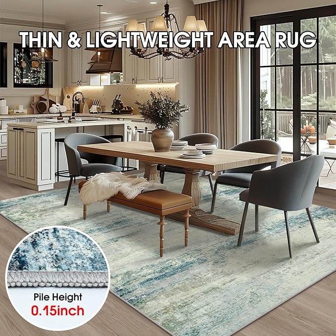 Washable Rug 6x9 Area Rugs, Abstract Large Living Room Rugs with Non-Slip Backing, Thin Carpet for Dorm Dining Room Table Nursery Indoor Home Office -Blue/Gray