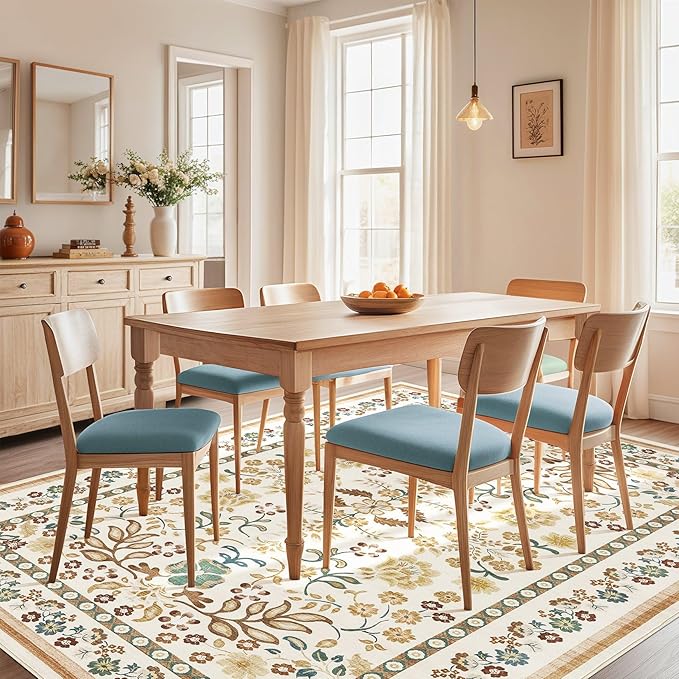 10x14 Area Rug Living Room Rugs - Washable Boho Vintage Floral Large Soft Non Slip Thin Rug Low Pile Carpet for Bedroom Dining Room Kids Playroom Office Decor Indoor- Brown