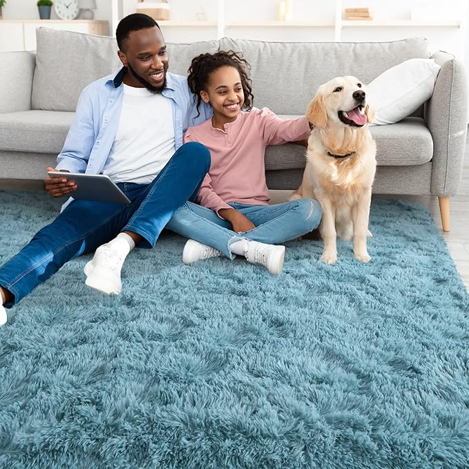 YJ.GWL Area Rugs for Living Room Bedroom, 4x6 Machine Washable Large Teal Carpet, Soft Fluffy Shaggy Thick Big Shag Indoor Floor Rug for Kids Boy and Girls Room Dorm Home Decor Aesthetic