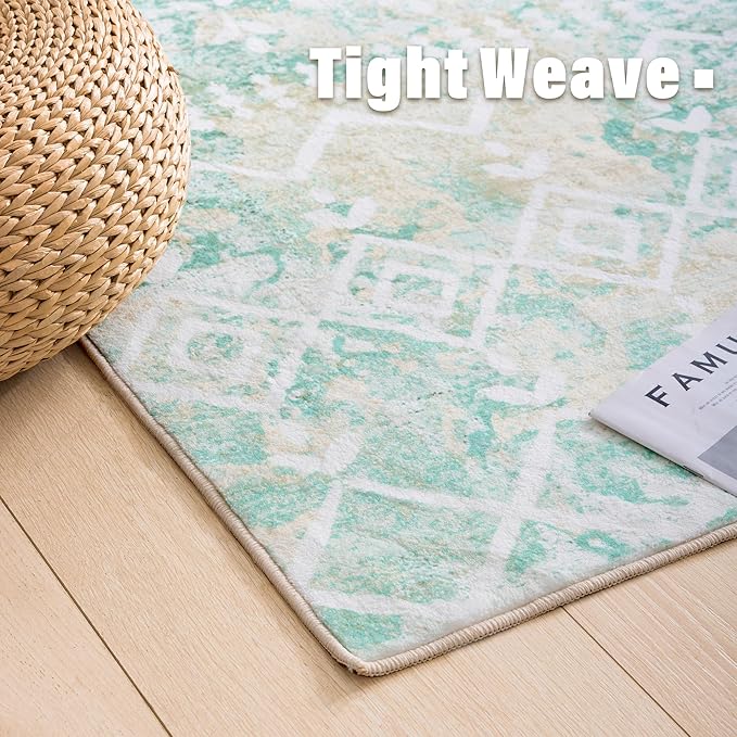 Carvapet Rugs for Living Room Bedroom, Green Boho Low Pile Large Carpet with Rubber Backing, Foldable, Non Slip Machine Washable (9 x 6 Feet Rectangular, Green Area Rug)