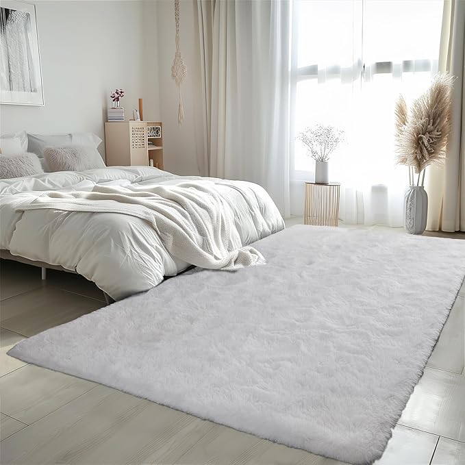 Zentavio White Living Room Rugs 8x10 Large Area Rugs for Bedroom Soft Fluffy Furry Shag Aesthetic Carpet Plush High Pile Floor Rug for Nursery Kids Room Dorm Home Decor