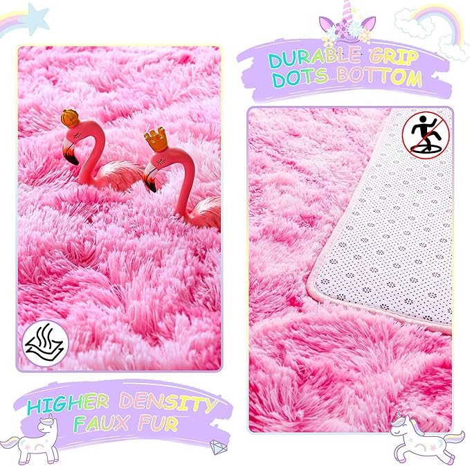Noahas 4x6 Fluffy Kids Rugs for Room,Soft Pink Tie-Dyed Rainbow Rug for Girls Bedroom,Soft Colorful Playroom Shag Nursery Carpets Room Decor