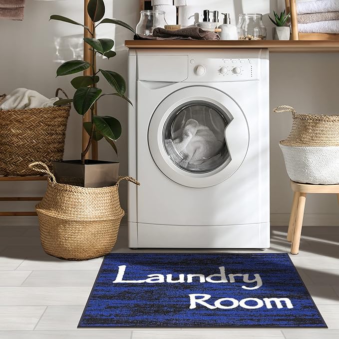 Ottomanson Machine Washable Text Design Laundry Room Rug Non-Slip Rubberback 2x3 Pack of 2 Laundry Area Rug for Laundry Room, Bathroom, Washroom, 26" x 35" - Pack of 2, Black/Blue